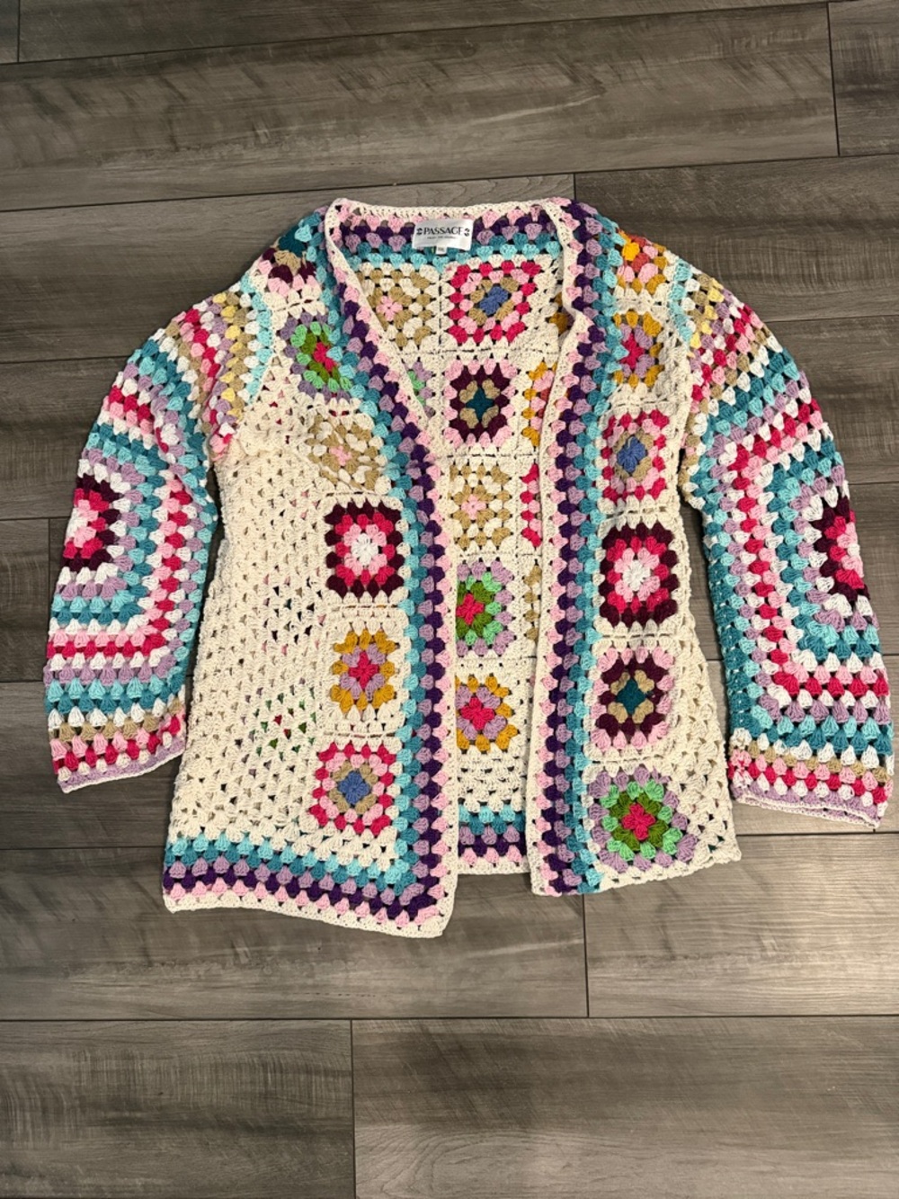Crochet Patchwork Cardigan - Cream, Pink, Teal, Purple, Yellow, Green